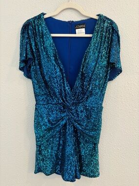 Jovani Blue Teal Sequin V-Neck Twist Romper (size 4)